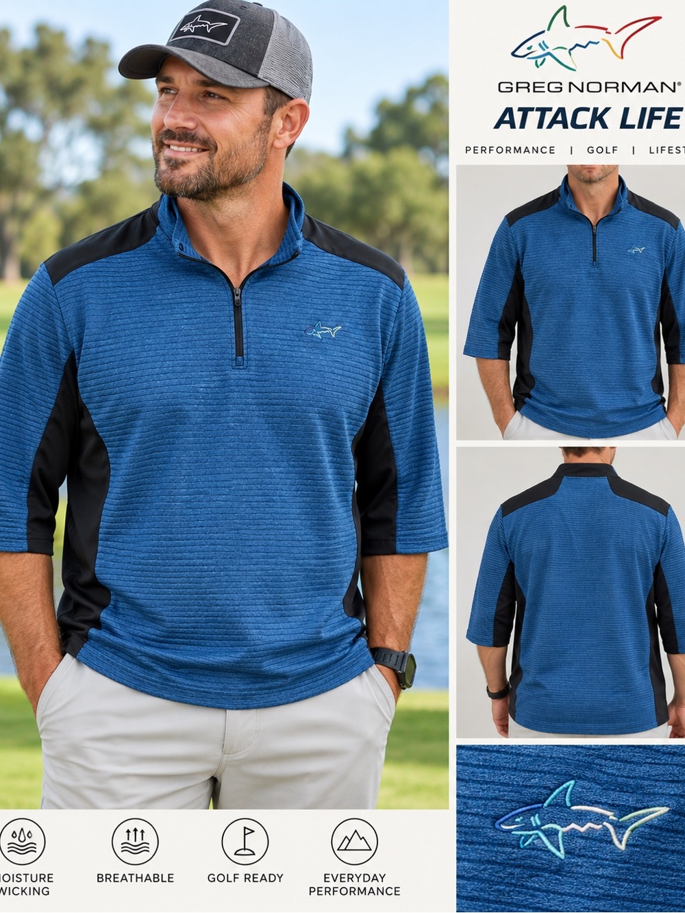 Greg Norman Attack Life Men’s XXL 1/4 Zip Golf Pullover 3/4 Sleeve Blue Black
